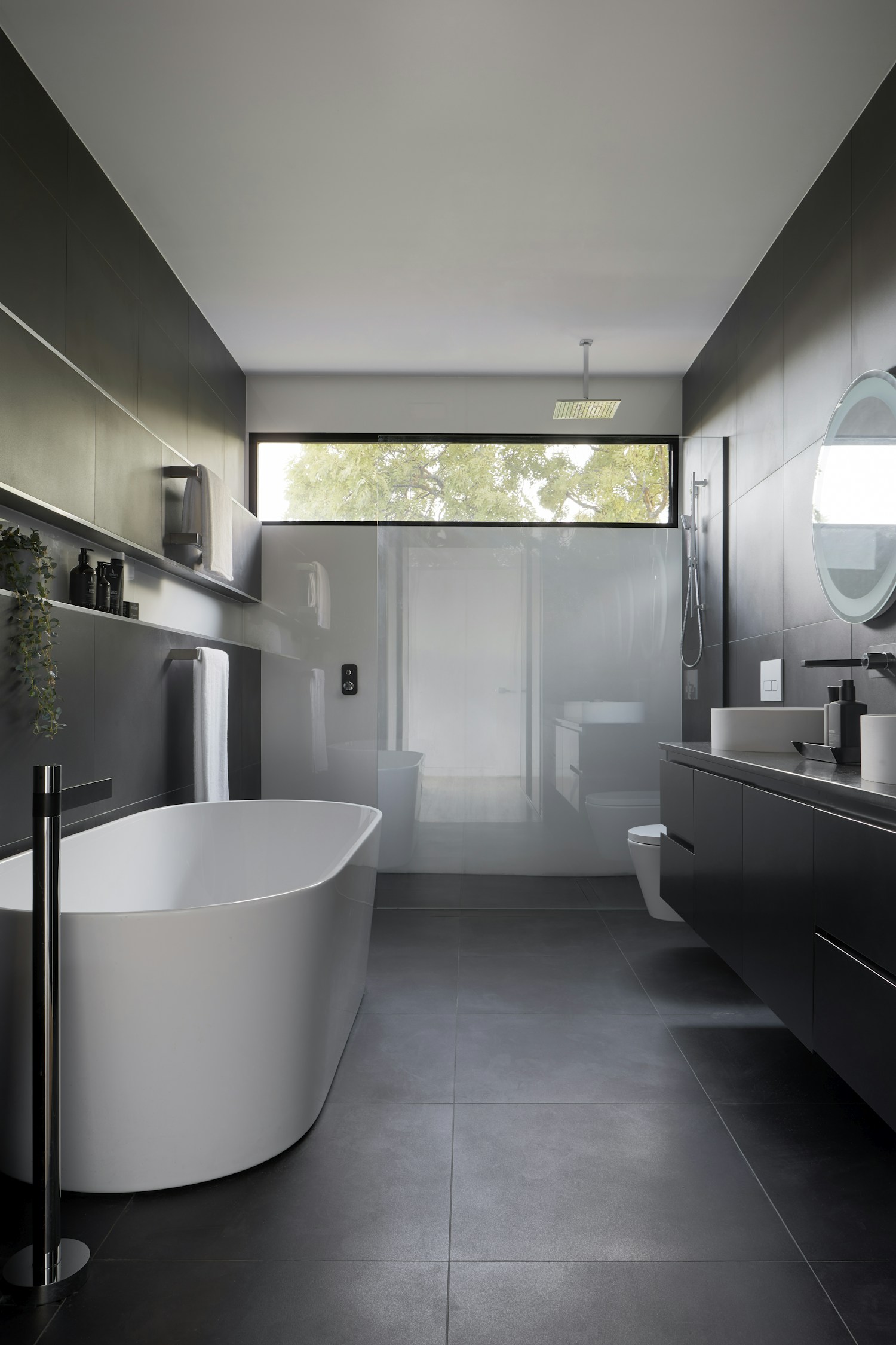 Elegant European apartment interior with wood and concrete tones